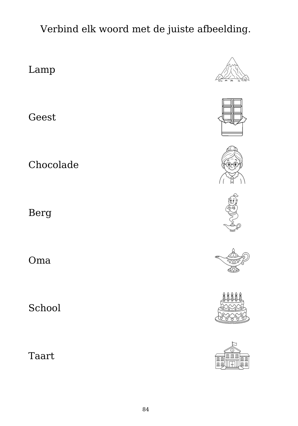 Picture matching exercise with answer lines drawn from each word to its picture
