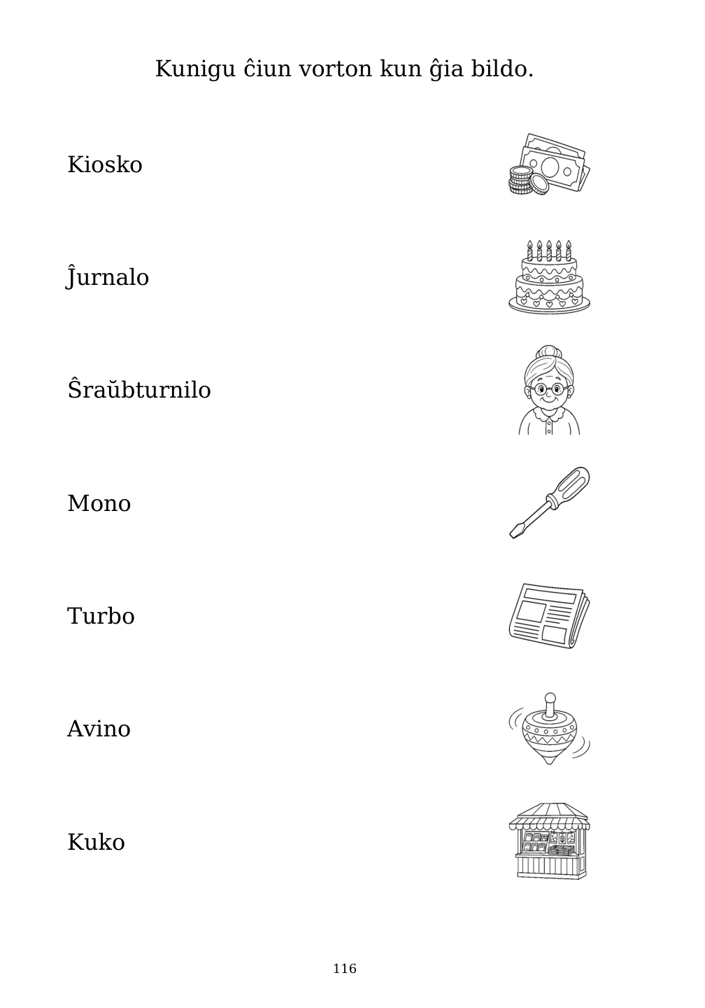 Picture matching exercise with answer lines drawn from each word to its picture
