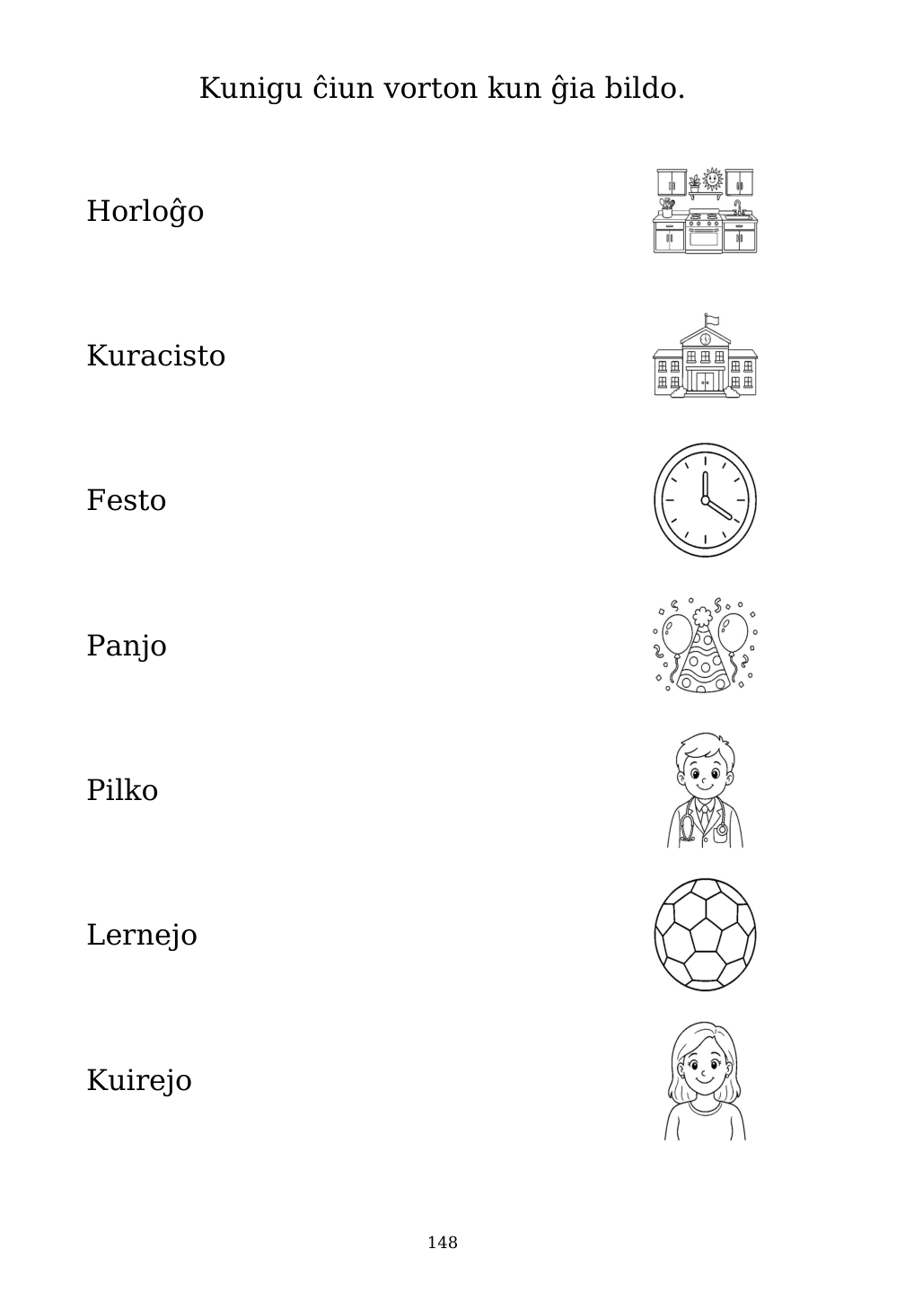 Picture matching exercise with answer lines drawn from each word to its picture