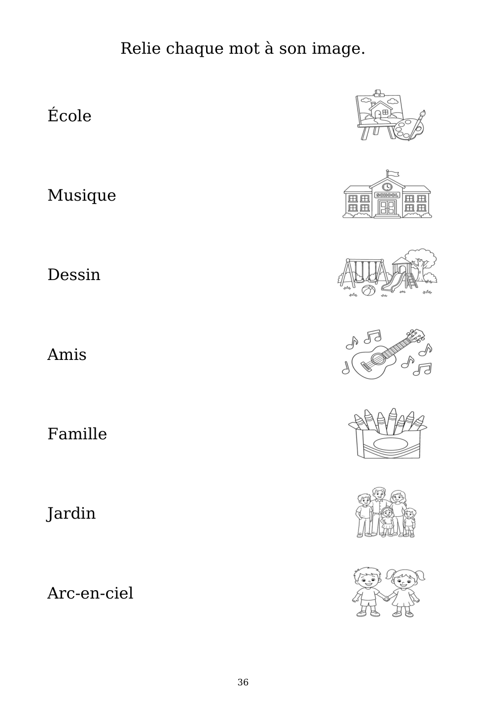 Picture matching exercise with answer lines drawn from each word to its picture