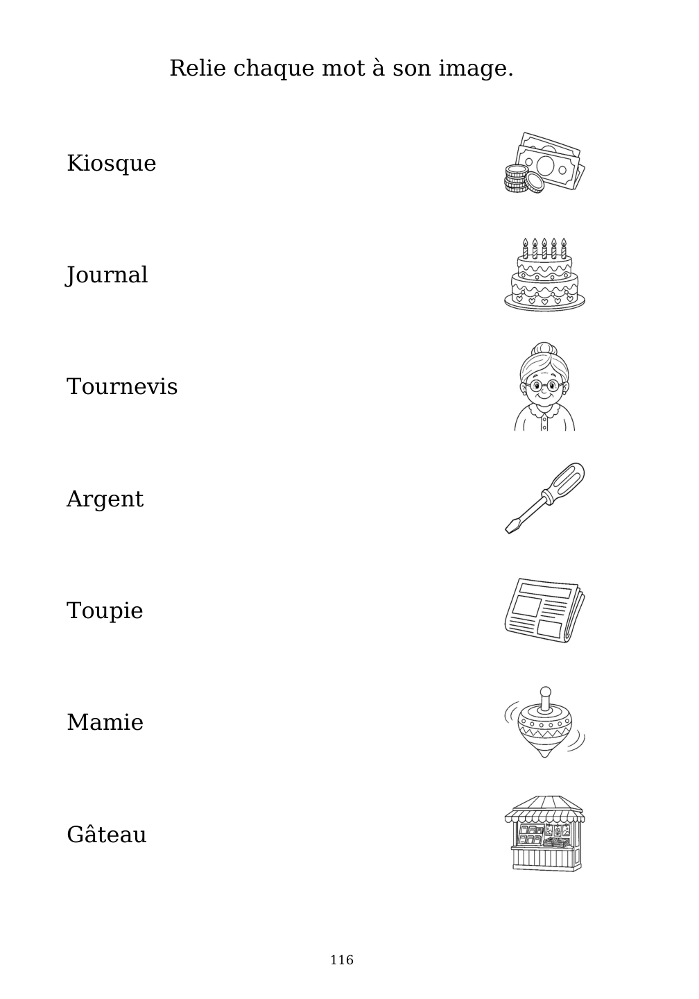 Picture matching exercise with answer lines drawn from each word to its picture