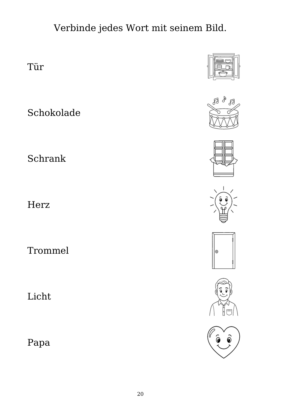 Picture matching exercise with answer lines drawn from each word to its picture