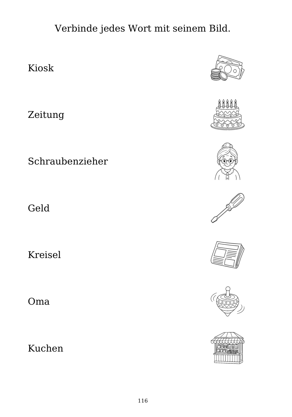 Picture matching exercise with answer lines drawn from each word to its picture