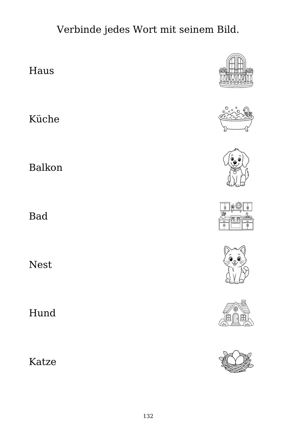 Picture matching exercise with answer lines drawn from each word to its picture