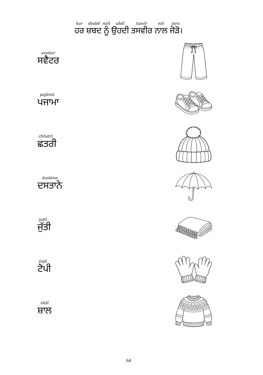 Picture matching exercise with answer lines drawn from each word to its picture