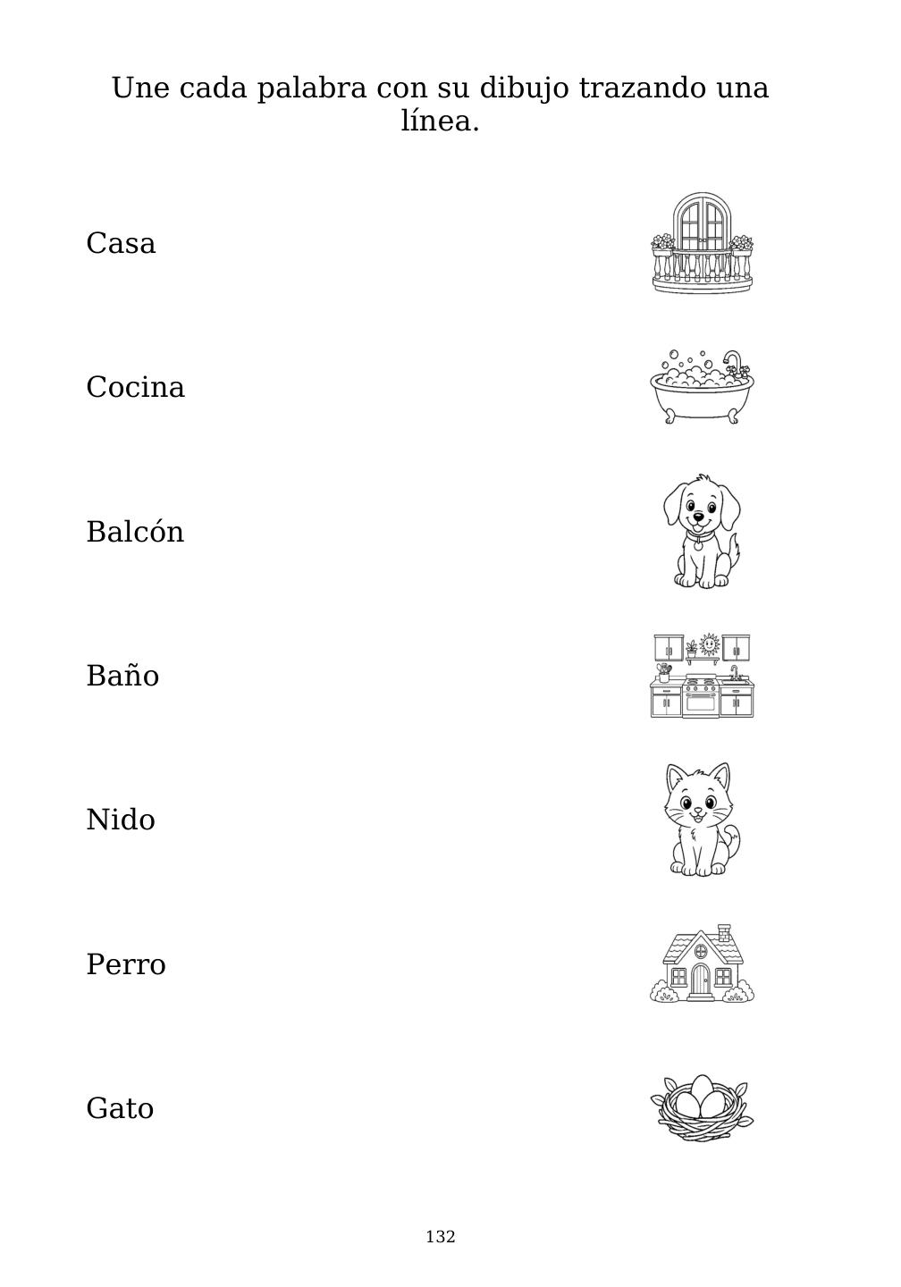 Picture matching exercise with answer lines drawn from each word to its picture